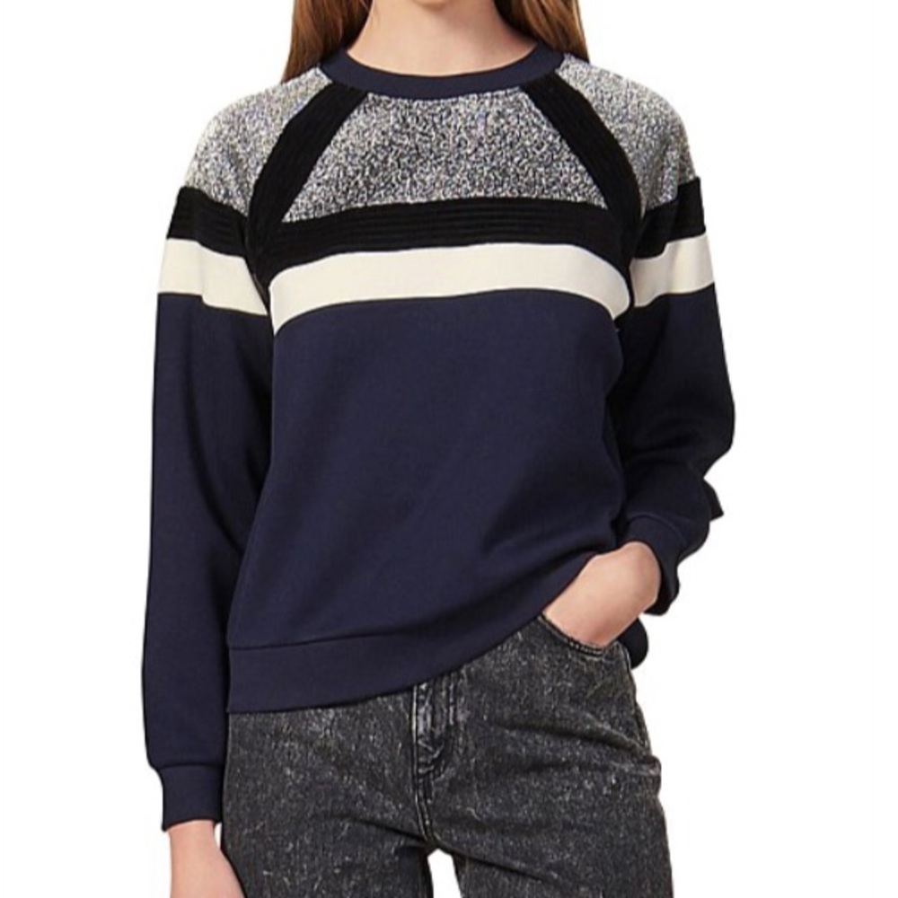 Sandro Navy, Black & White Colorblock Pullover Sweatshirt